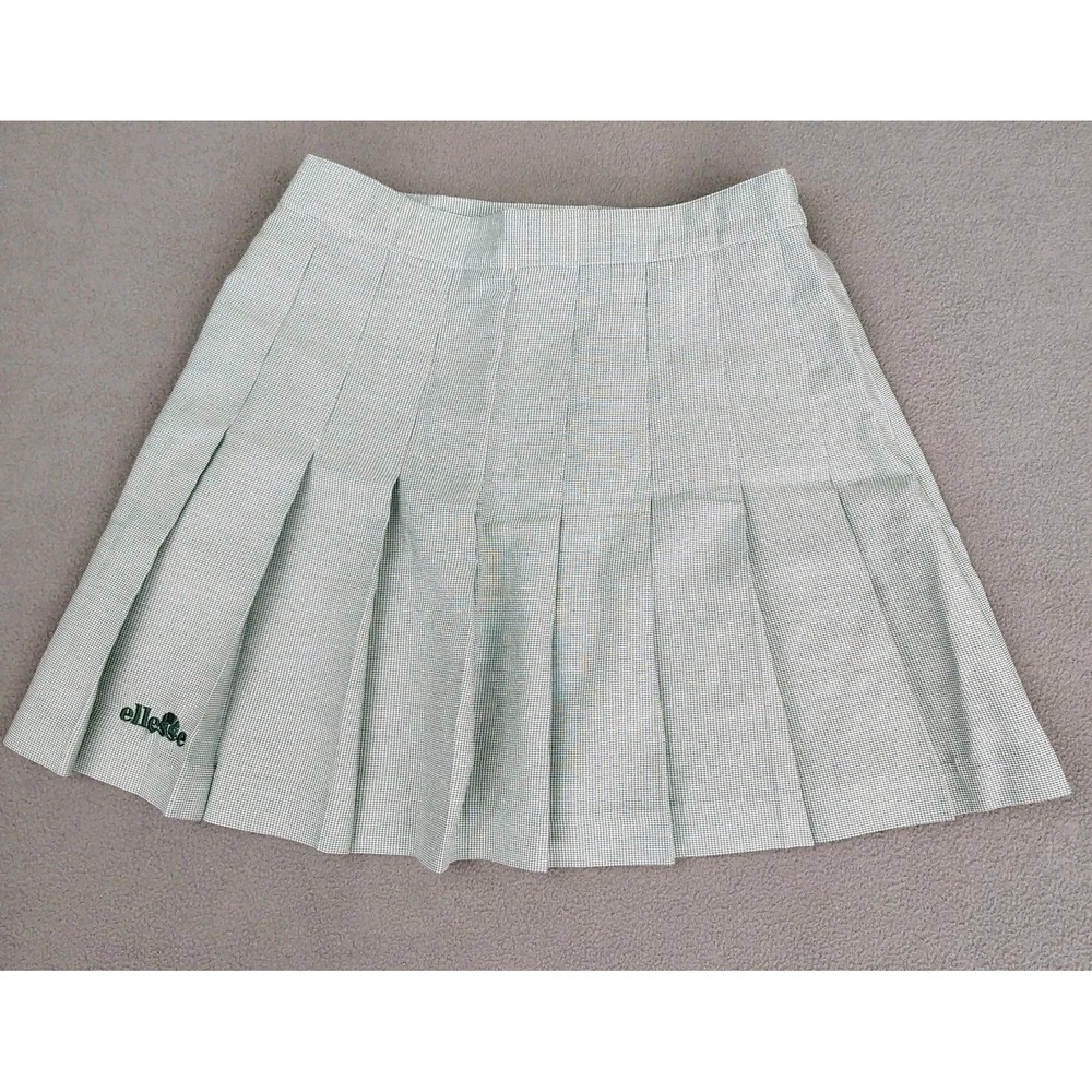 Vintage Ellesse Pleated Mini Skirt Women XS 0 Green Micro Houndstooth Schoolgirl
